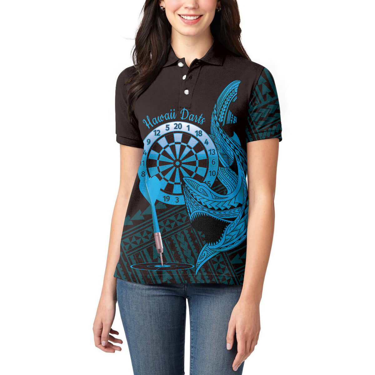 Aloha Hawaii Darts Women Polo Shirt Dart Board With Polynesian Shark - Blue LT14 - Polynesian Pride