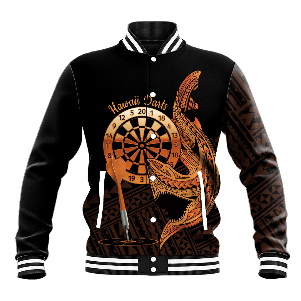 Aloha Hawaii Darts Baseball Jacket Dart Board With Polynesian Shark - Gold LT14 Unisex Gold - Polynesian Pride