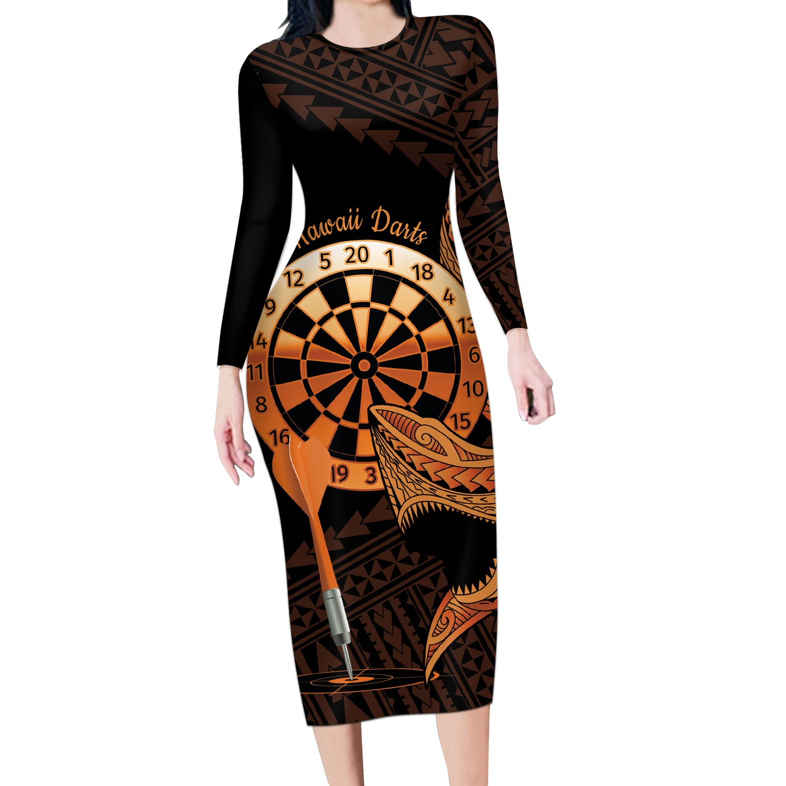 Aloha Hawaii Darts Long Sleeve Bodycon Dress Dart Board With Polynesian Shark - Gold LT14 Long Dress Gold - Polynesian Pride