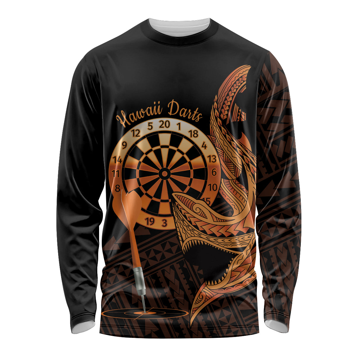 Aloha Hawaii Darts Long Sleeve Shirt Dart Board With Polynesian Shark - Gold LT14 Unisex Gold - Polynesian Pride
