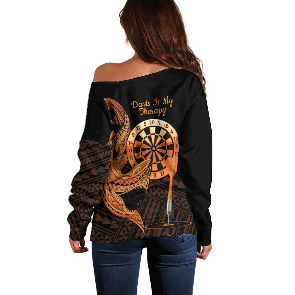 Aloha Hawaii Darts Off Shoulder Sweater Dart Board With Polynesian Shark - Gold LT14 - Polynesian Pride