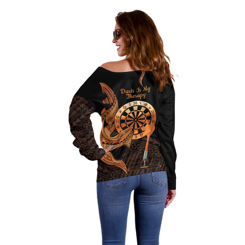 Aloha Hawaii Darts Off Shoulder Sweater Dart Board With Polynesian Shark - Gold LT14 - Polynesian Pride
