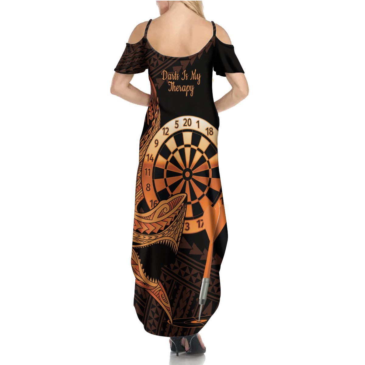 Aloha Hawaii Darts Summer Maxi Dress Dart Board With Polynesian Shark - Gold LT14 - Polynesian Pride