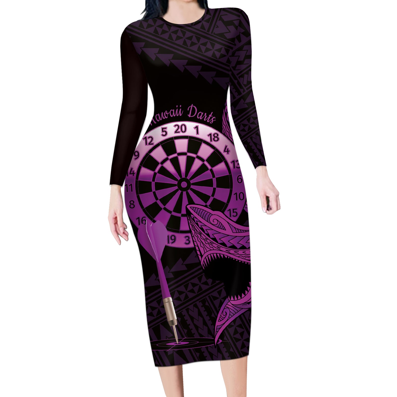 Aloha Hawaii Darts Long Sleeve Bodycon Dress Dart Board With Polynesian Shark - Purple LT14 Long Dress Purple - Polynesian Pride