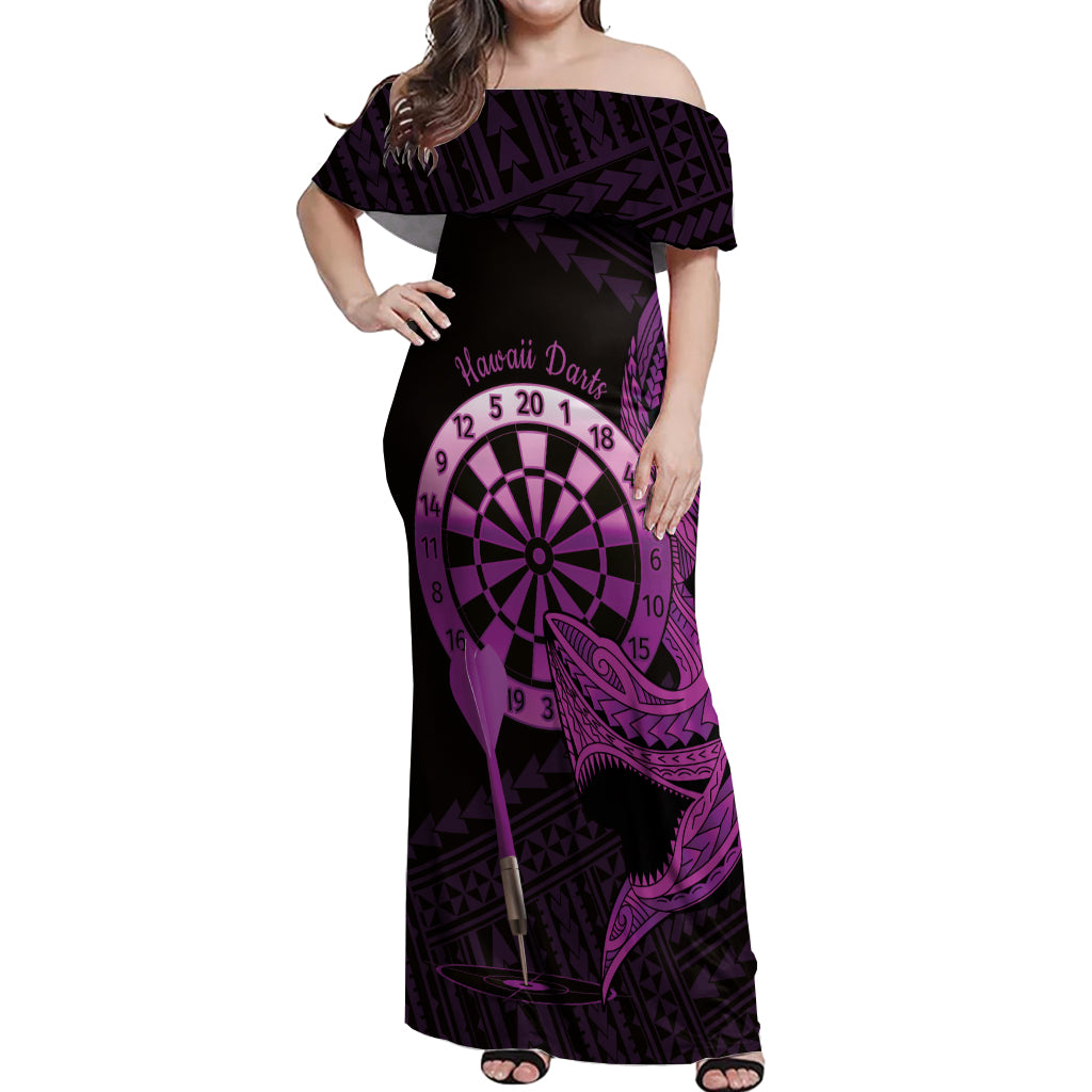 Aloha Hawaii Darts Off Shoulder Maxi Dress Dart Board With Polynesian Shark - Purple LT14 Women Purple - Polynesian Pride