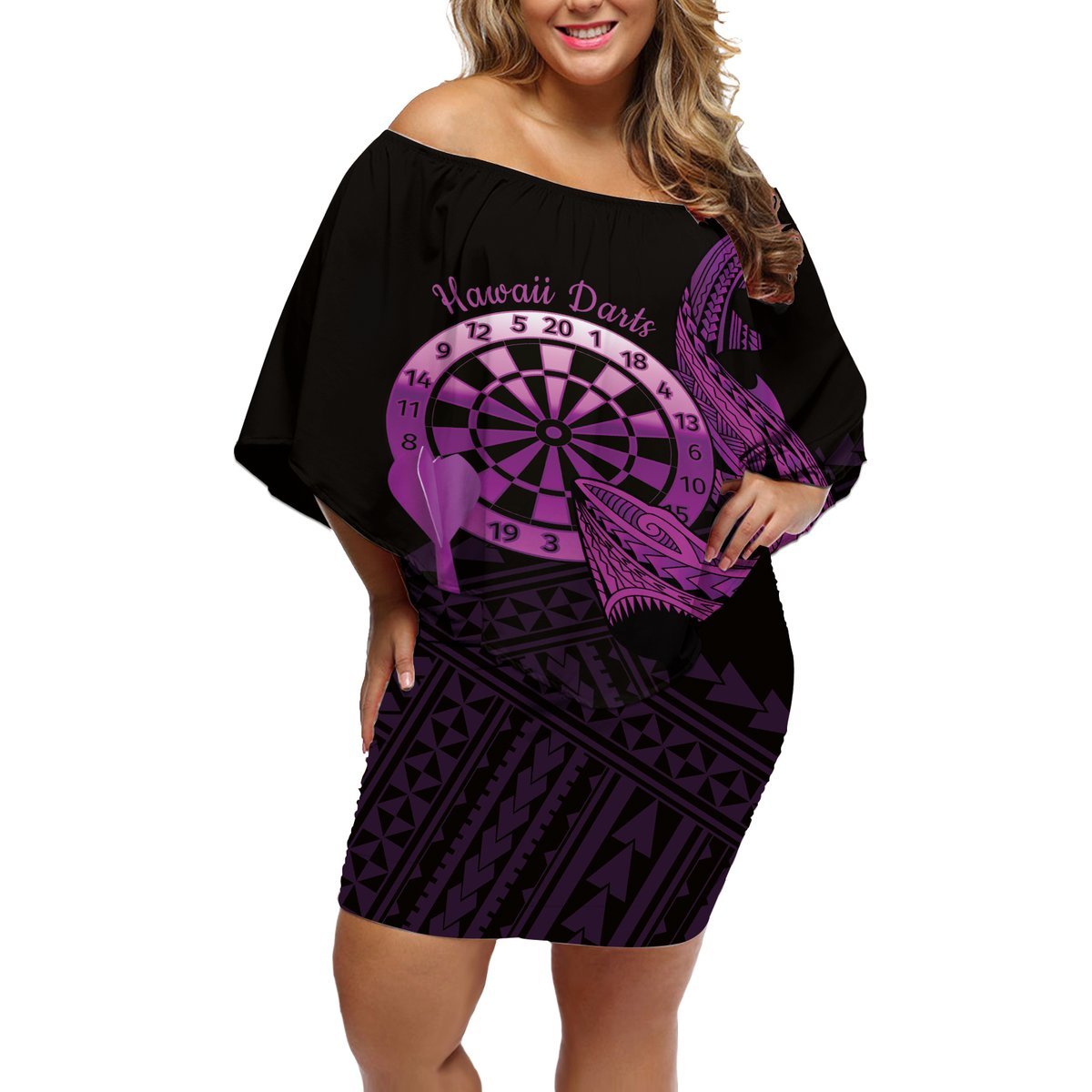 Aloha Hawaii Darts Off Shoulder Short Dress Dart Board With Polynesian Shark - Purple LT14 Women Purple - Polynesian Pride