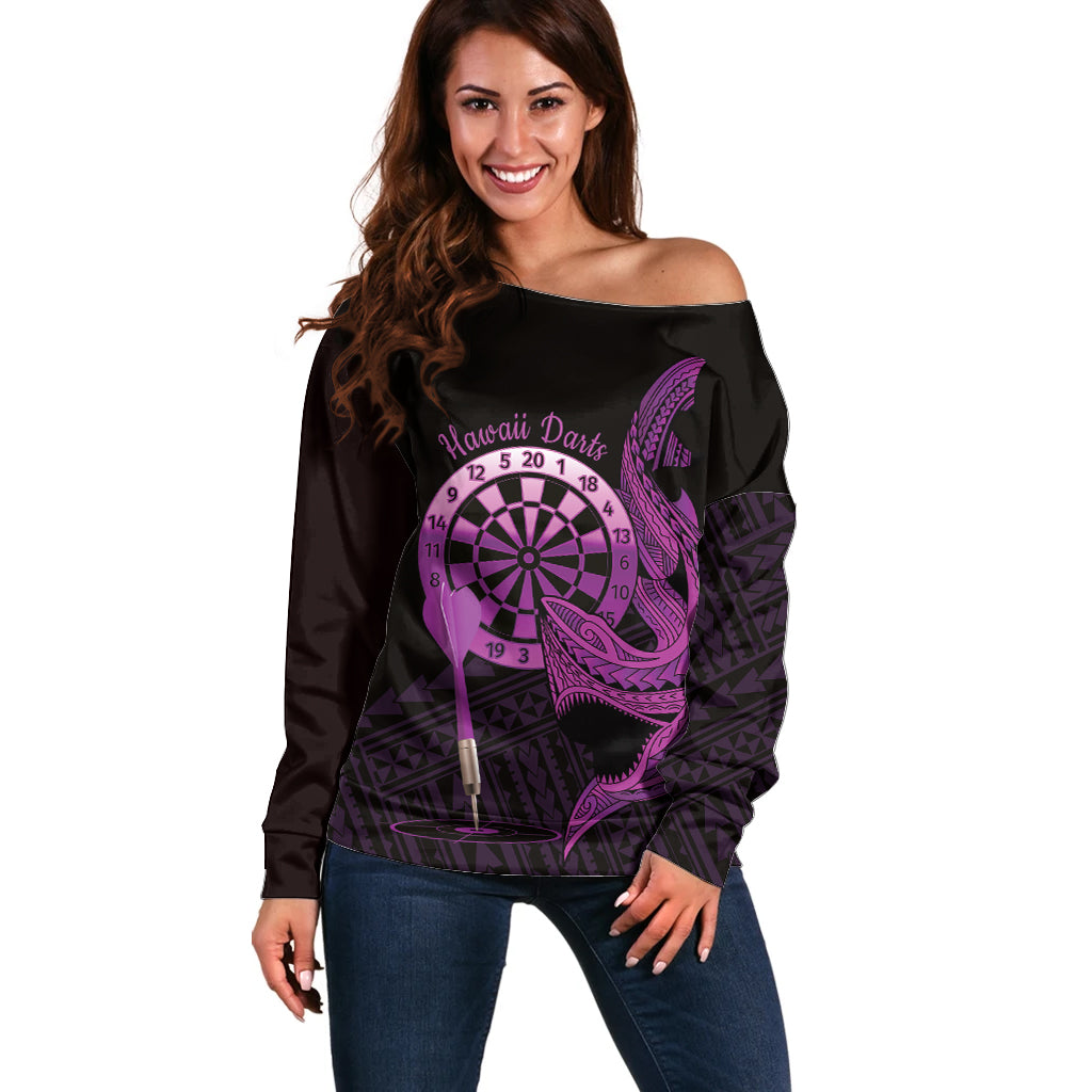 Aloha Hawaii Darts Off Shoulder Sweater Dart Board With Polynesian Shark - Purple LT14 Women Purple - Polynesian Pride