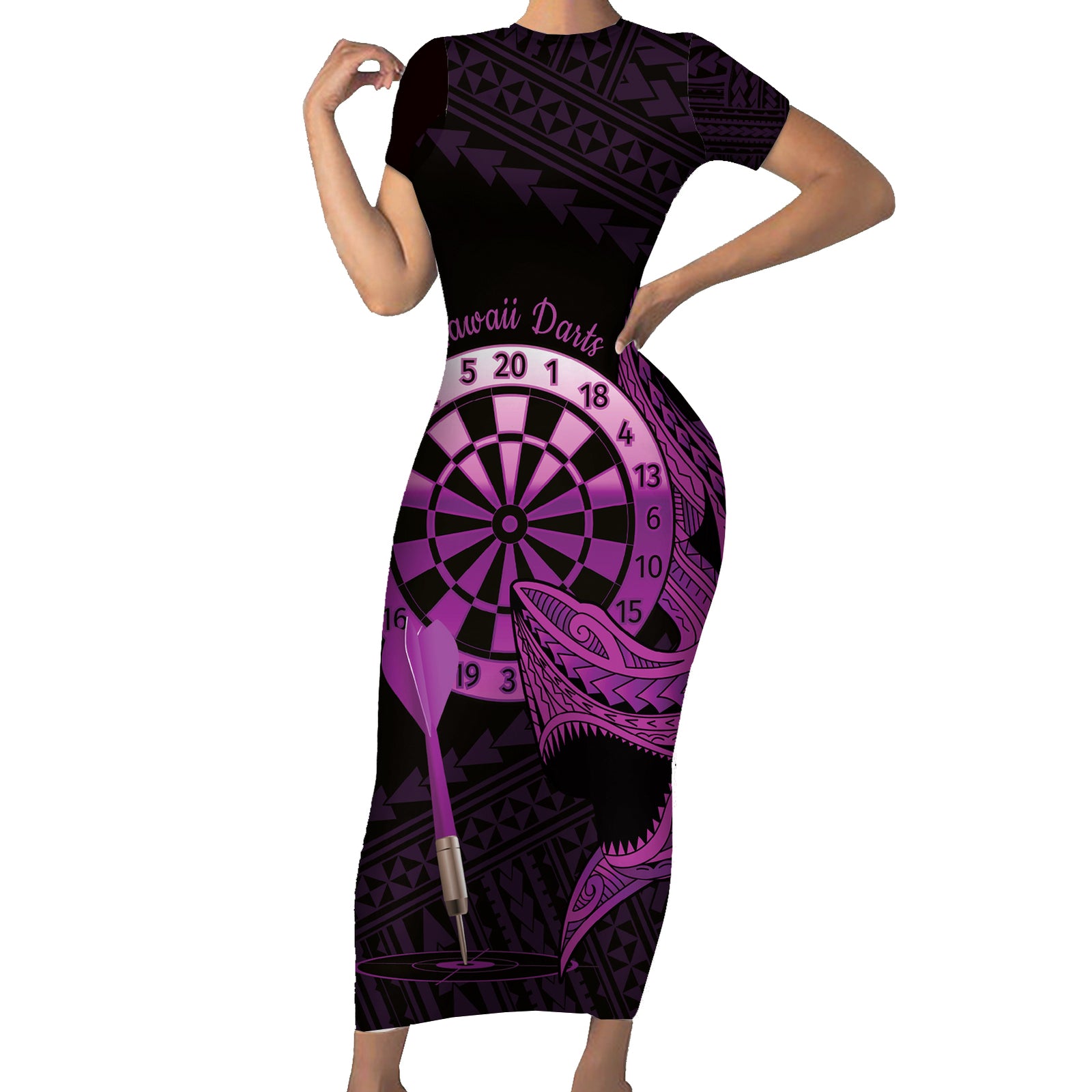 Aloha Hawaii Darts Short Sleeve Bodycon Dress Dart Board With Polynesian Shark - Purple LT14 Long Dress Purple - Polynesian Pride