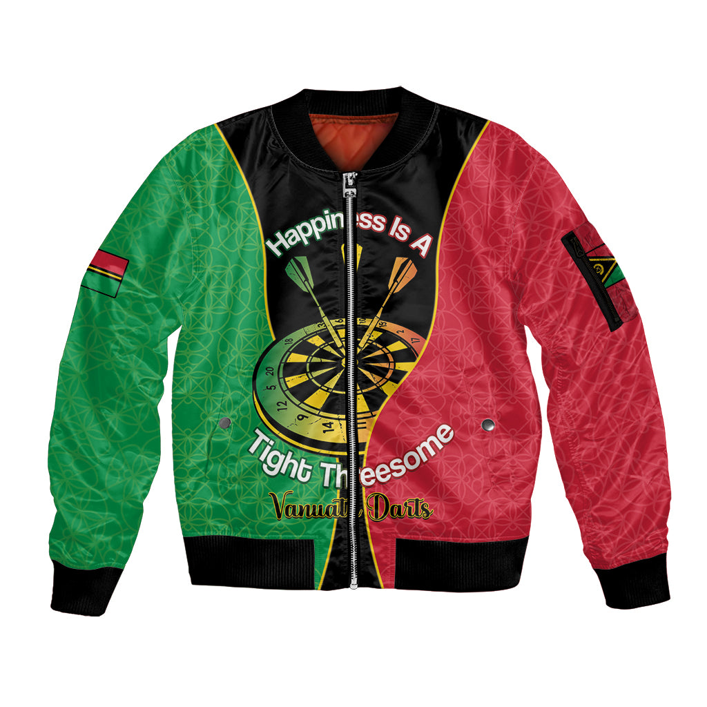 Personalised Vanuatu Darts Sleeve Zip Bomber Jacket Happiness Is A Tight Threesome Sand Drawing Art LT14 Unisex Red - Polynesian Pride