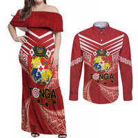 Tonga Darts Couples Matching Off Shoulder Maxi Dress and Long Sleeve Button Shirt Tongan Ngatu Pattern LT14 Red - Polynesian Pride