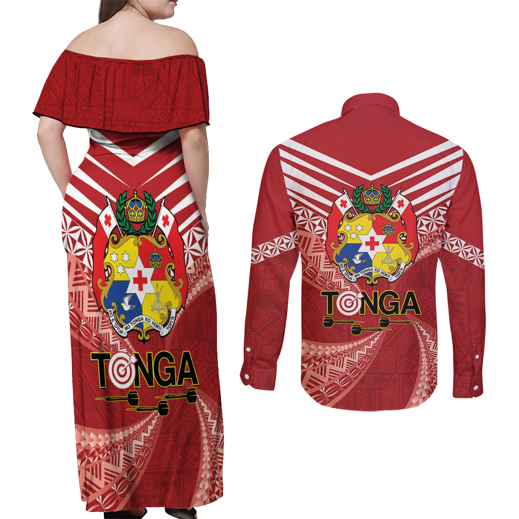 Tonga Darts Couples Matching Off Shoulder Maxi Dress and Long Sleeve Button Shirt Tongan Ngatu Pattern LT14 - Polynesian Pride