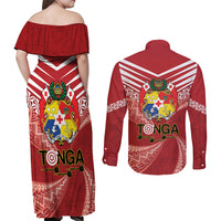Tonga Darts Couples Matching Off Shoulder Maxi Dress and Long Sleeve Button Shirt Tongan Ngatu Pattern LT14 - Polynesian Pride