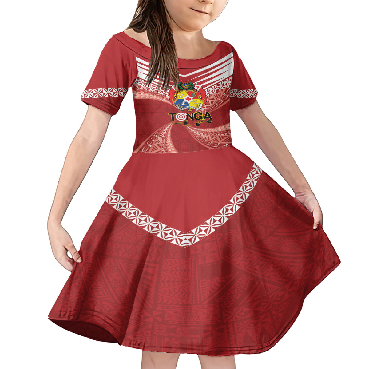 Tonga Darts Kid Short Sleeve Dress Tongan Ngatu Pattern LT14 KID Red - Polynesian Pride