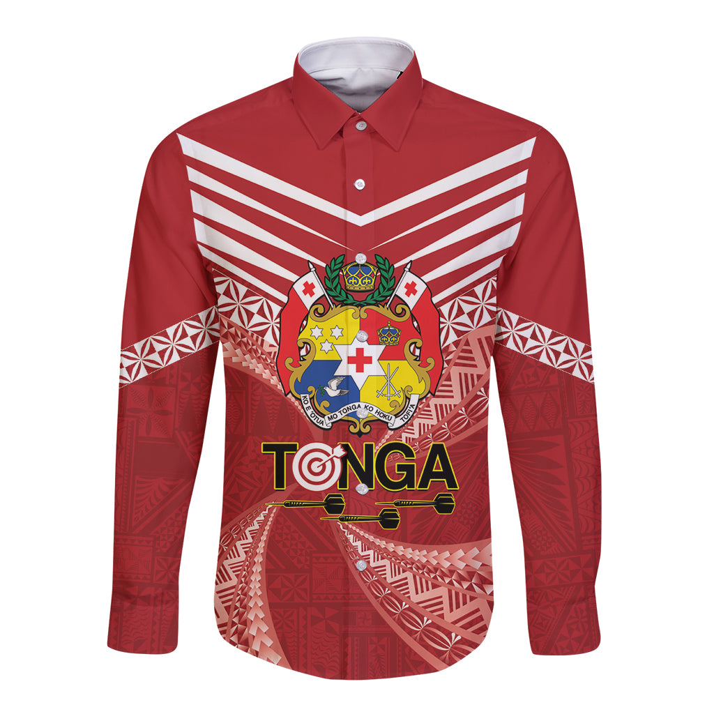 Tonga Darts Long Sleeve Button Shirt Tongan Ngatu Pattern LT14 Unisex Red - Polynesian Pride