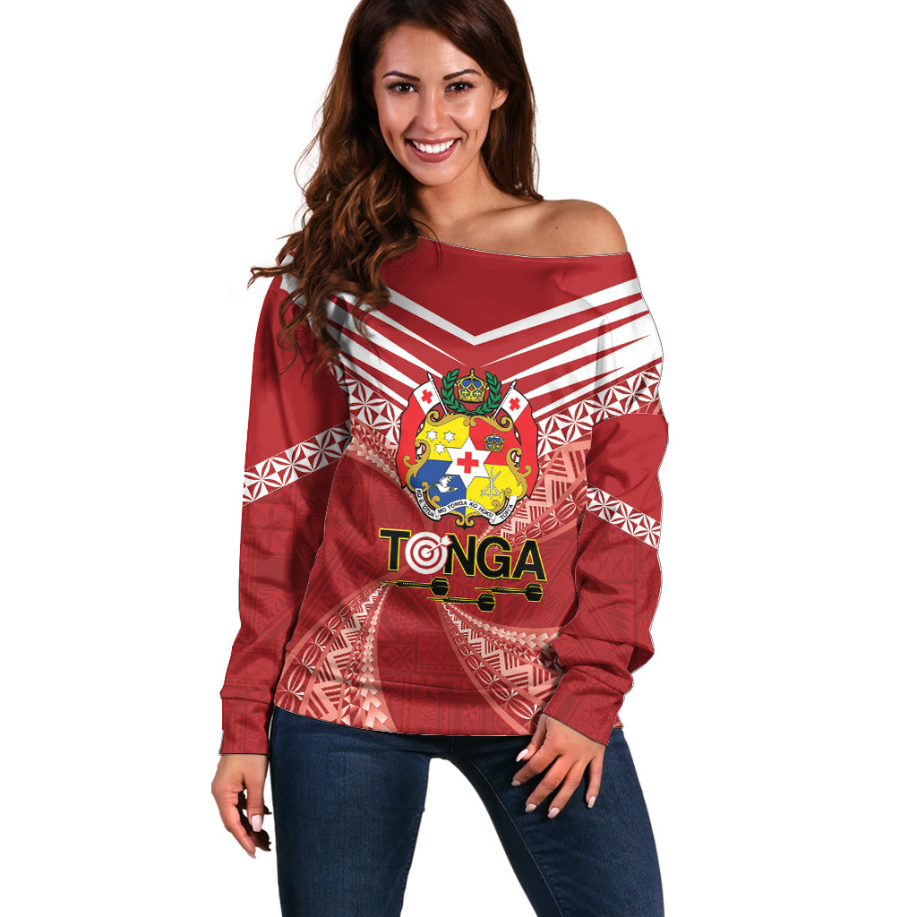 Tonga Darts Off Shoulder Sweater Tongan Ngatu Pattern LT14 Women Red - Polynesian Pride