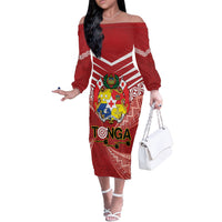 Tonga Darts Off The Shoulder Long Sleeve Dress Tongan Ngatu Pattern LT14 Women Red - Polynesian Pride