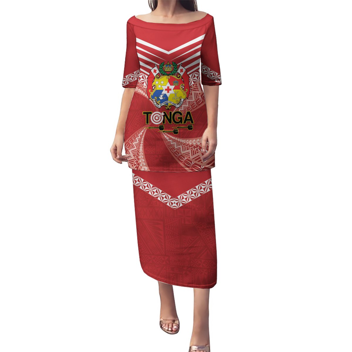 Tonga Darts Puletasi Tongan Ngatu Pattern LT14 Long Dress Red - Polynesian Pride