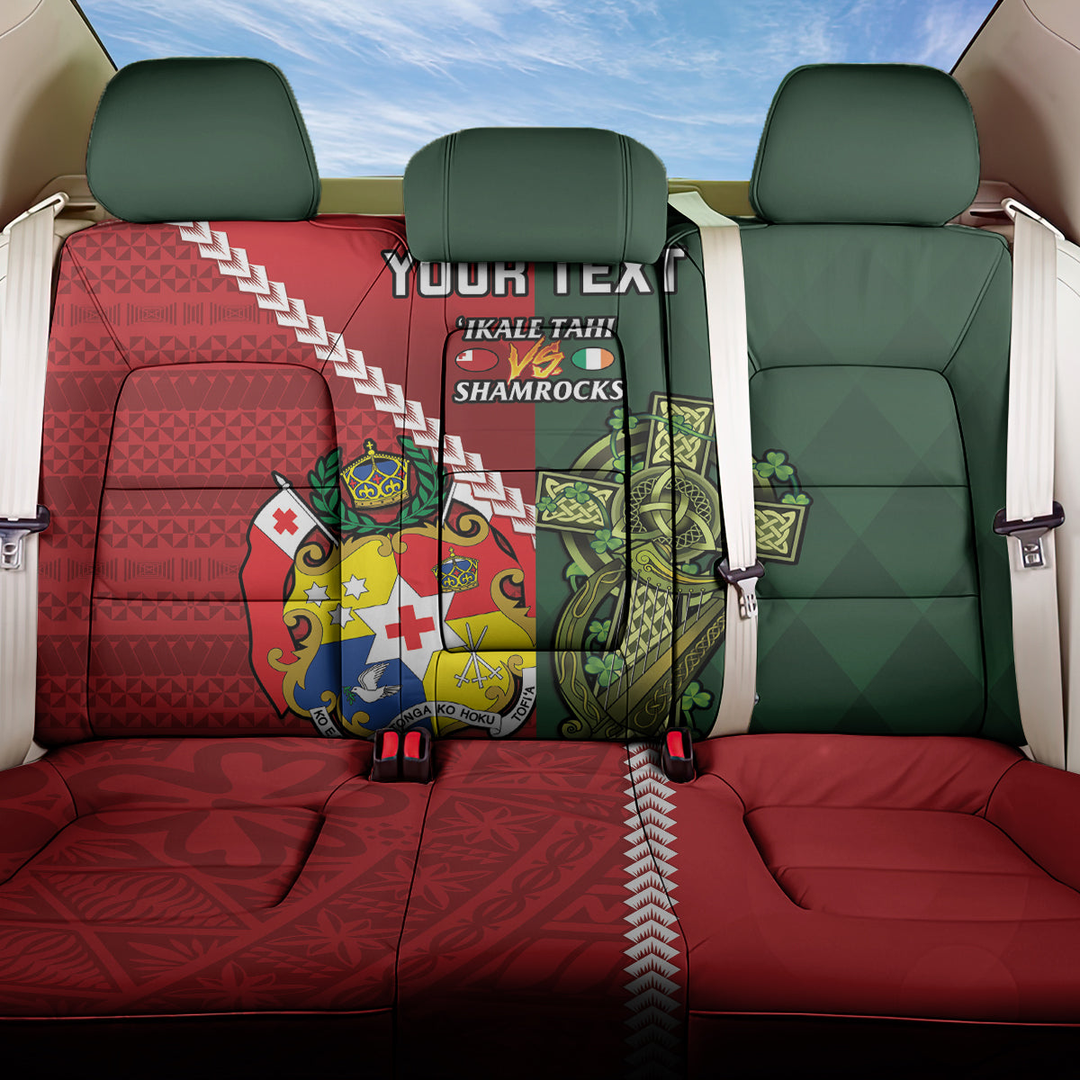 Custom Tonga And Ireland Rugby Back Car Seat Cover Ikale Tahi With Shamrocks LT14 One Size Red - Polynesian Pride
