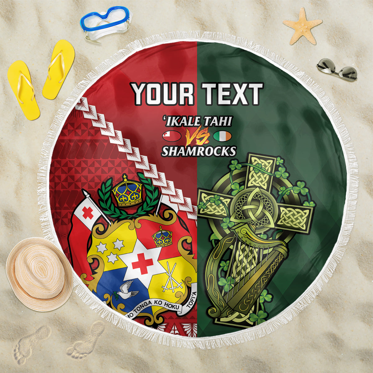 Custom Tonga And Ireland Rugby Beach Blanket Ikale Tahi With Shamrocks LT14 One Size 150cm Red - Polynesian Pride