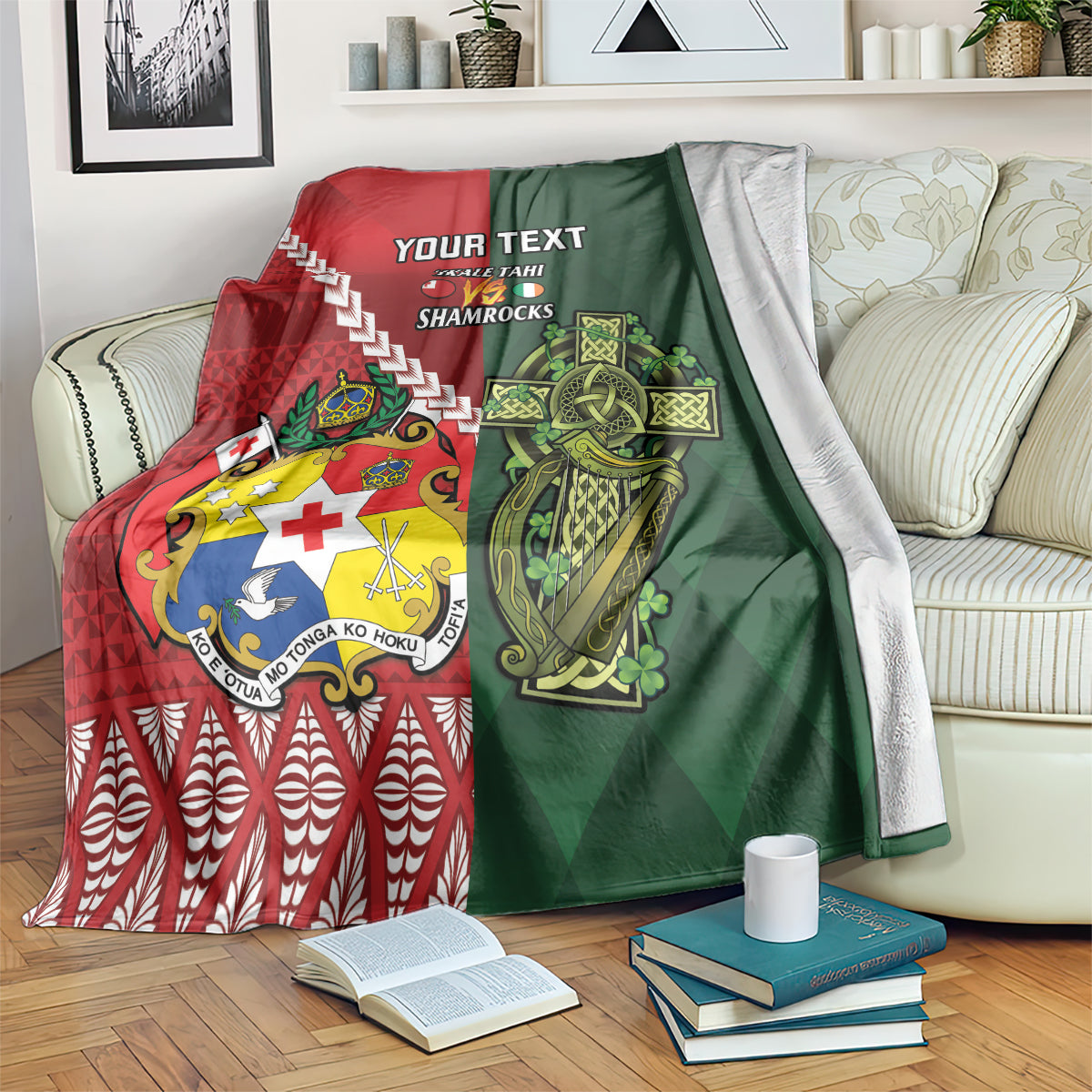 Custom Tonga And Ireland Rugby Blanket Ikale Tahi With Shamrocks LT14 Red - Polynesian Pride