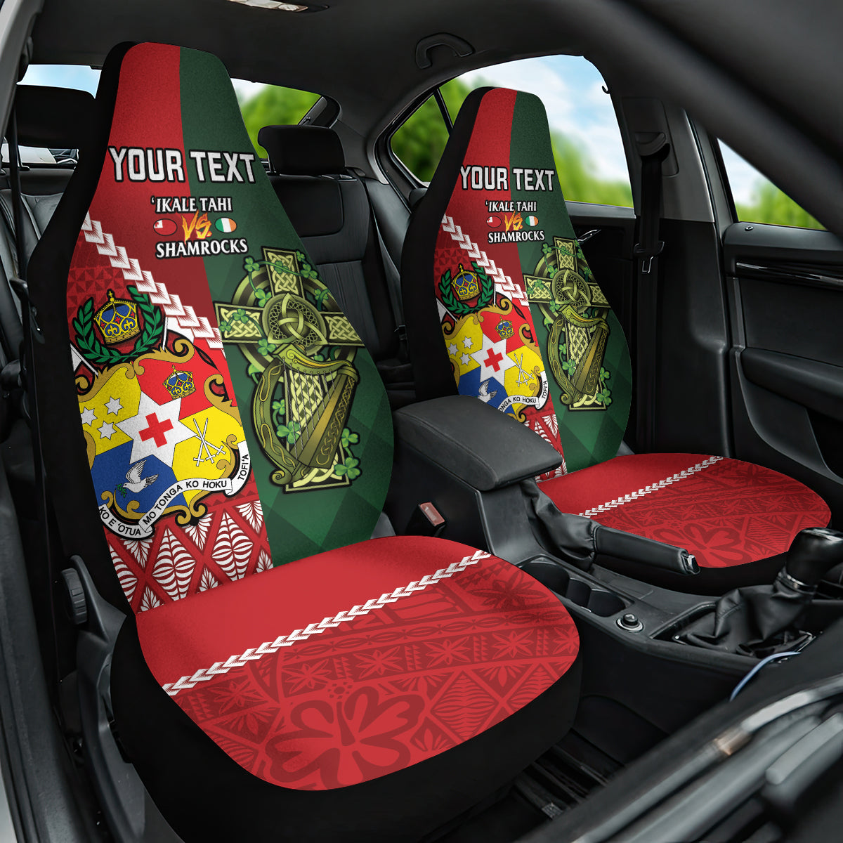 Custom Tonga And Ireland Rugby Car Seat Cover Ikale Tahi With Shamrocks LT14 One Size Red - Polynesian Pride