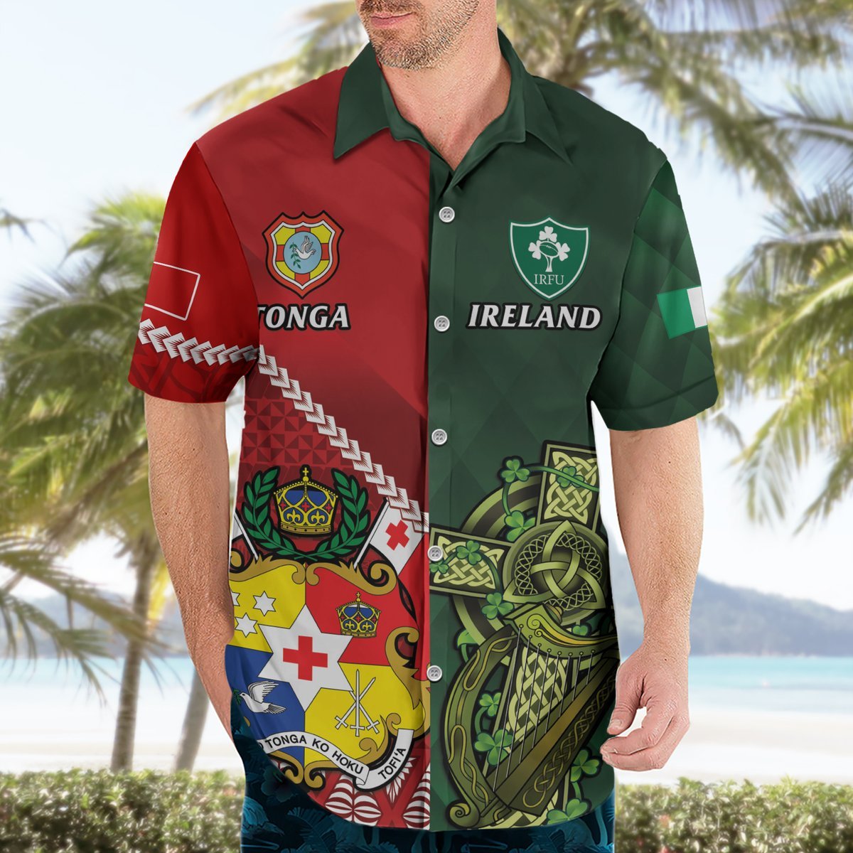 Custom Tonga And Ireland Rugby Hawaiian Shirt Ikale Tahi With Shamrocks LT14 - Polynesian Pride