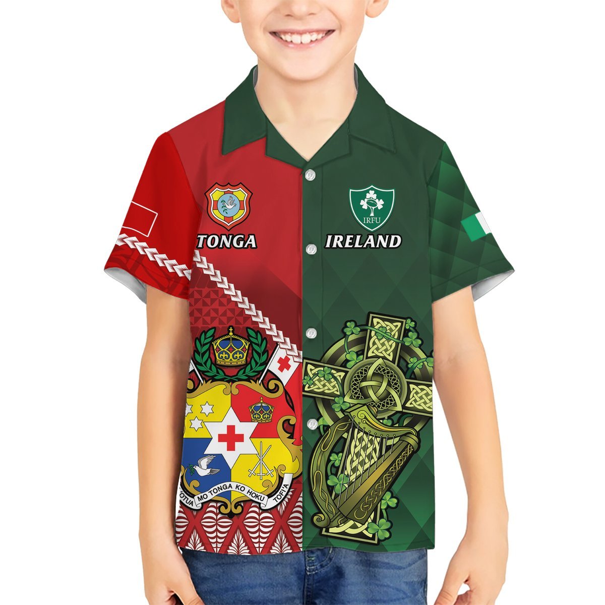 Custom Tonga And Ireland Rugby Hawaiian Shirt Ikale Tahi With Shamrocks LT14 - Polynesian Pride