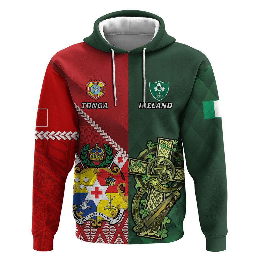 Custom Tonga And Ireland Rugby Hoodie Ikale Tahi With Shamrocks LT14 Pullover Hoodie Red - Polynesian Pride
