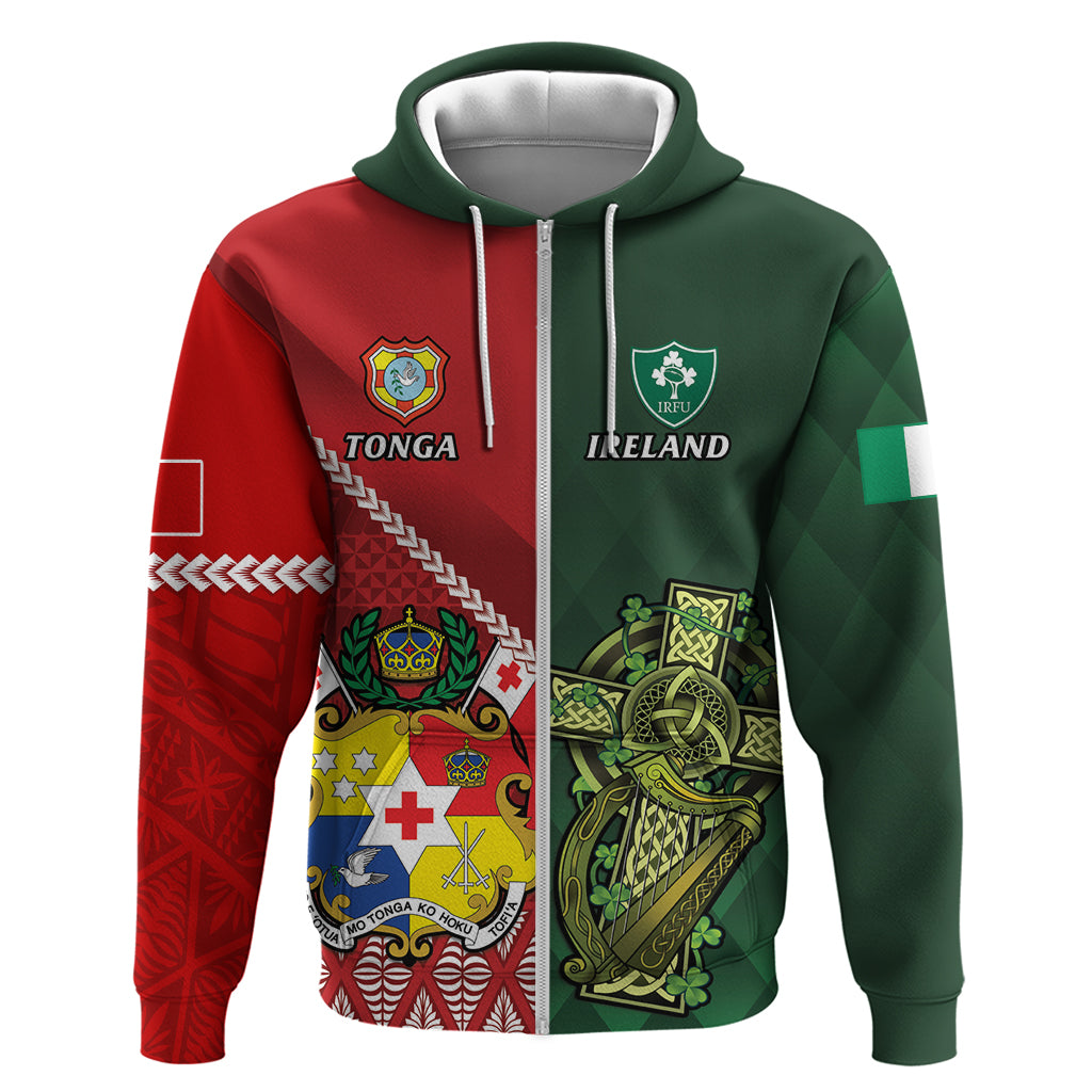 Custom Tonga And Ireland Rugby Hoodie Ikale Tahi With Shamrocks LT14 Zip Hoodie Red - Polynesian Pride