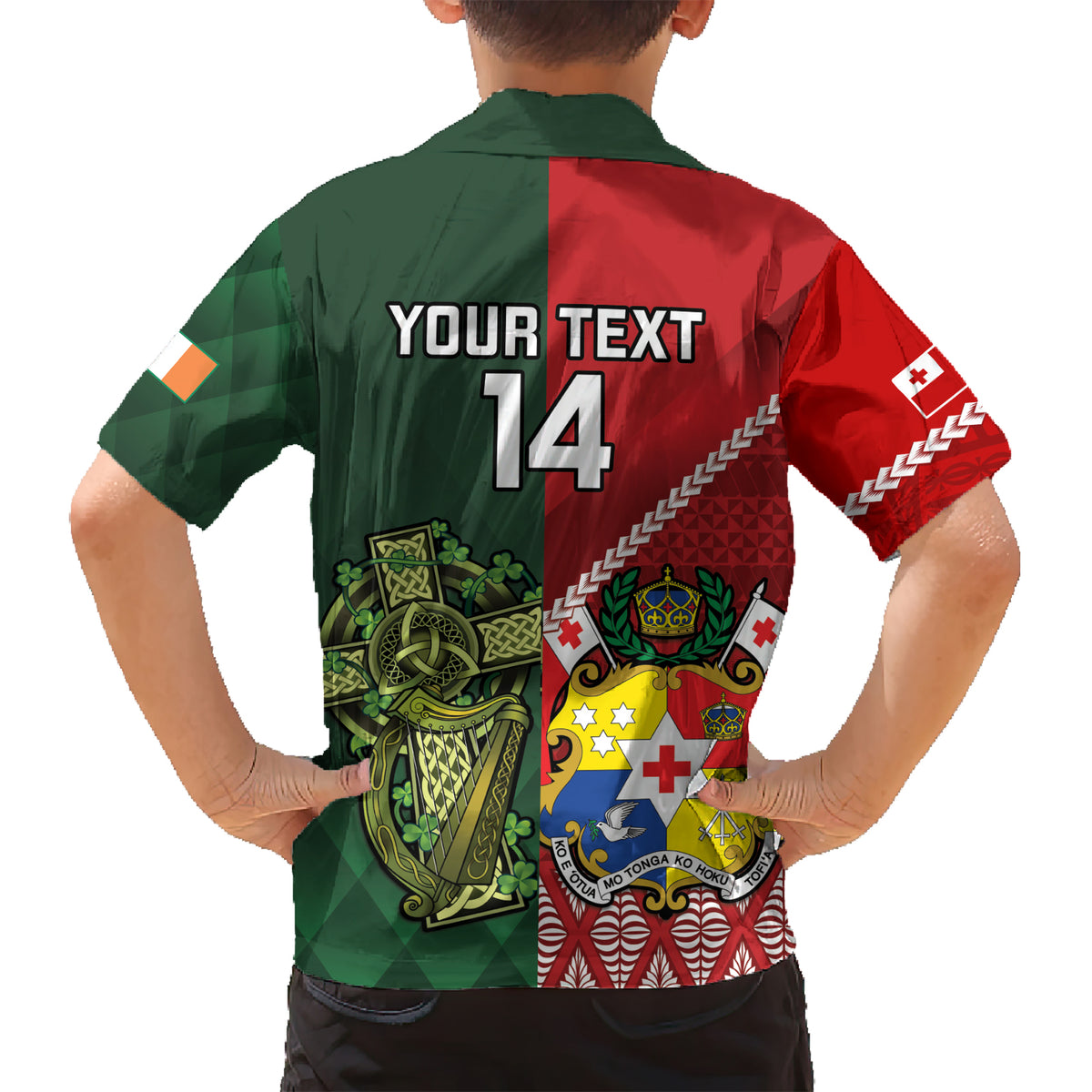 Custom Tonga And Ireland Rugby Kid Hawaiian Shirt Ikale Tahi With Shamrocks LT14 - Polynesian Pride