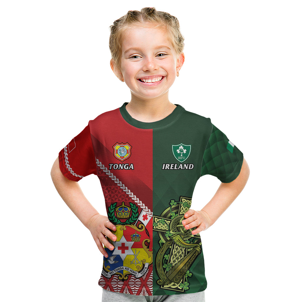 Custom Tonga And Ireland Rugby Kid T Shirt Ikale Tahi With Shamrocks LT14 Red - Polynesian Pride