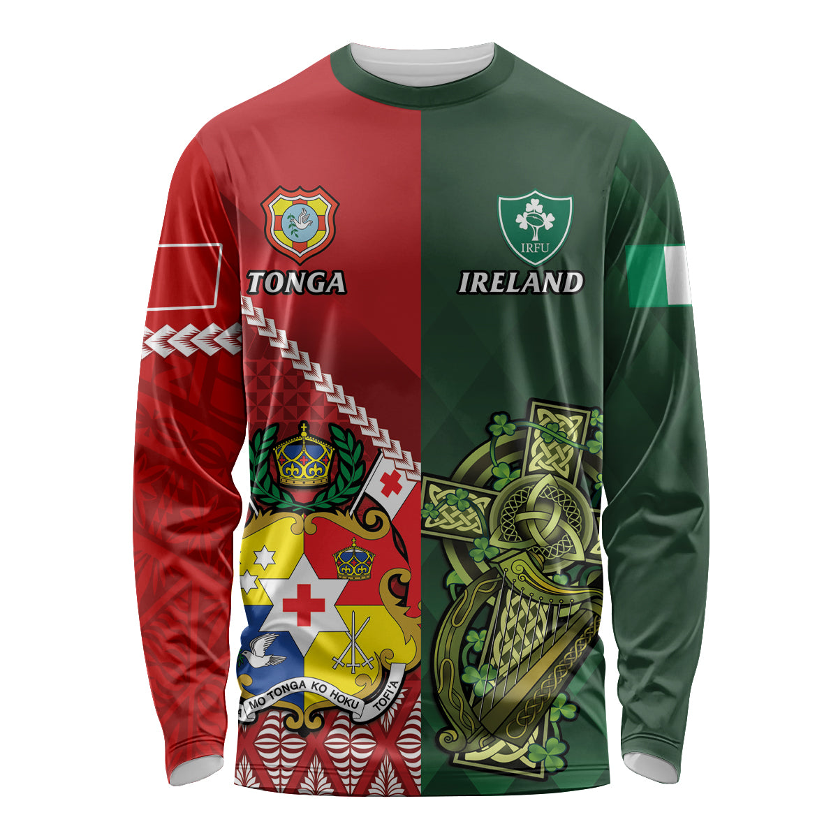Custom Tonga And Ireland Rugby Long Sleeve Shirt Ikale Tahi With Shamrocks LT14 Unisex Red - Polynesian Pride