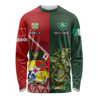 Custom Tonga And Ireland Rugby Long Sleeve Shirt Ikale Tahi With Shamrocks LT14 Unisex Red - Polynesian Pride