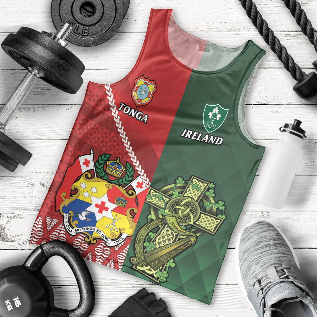 Custom Tonga And Ireland Rugby Men Tank Top Ikale Tahi With Shamrocks LT14 - Polynesian Pride