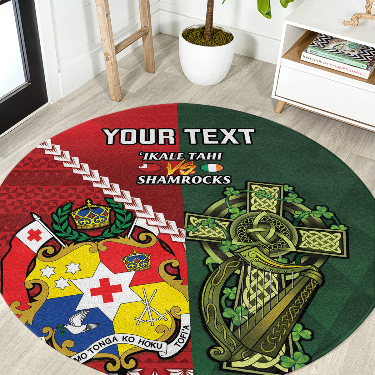 Custom Tonga And Ireland Rugby Round Carpet Ikale Tahi With Shamrocks LT14 Red - Polynesian Pride