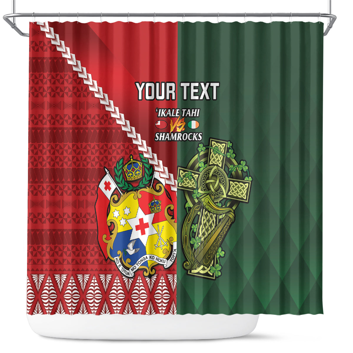 Custom Tonga And Ireland Rugby Shower Curtain Ikale Tahi With Shamrocks LT14 Red - Polynesian Pride