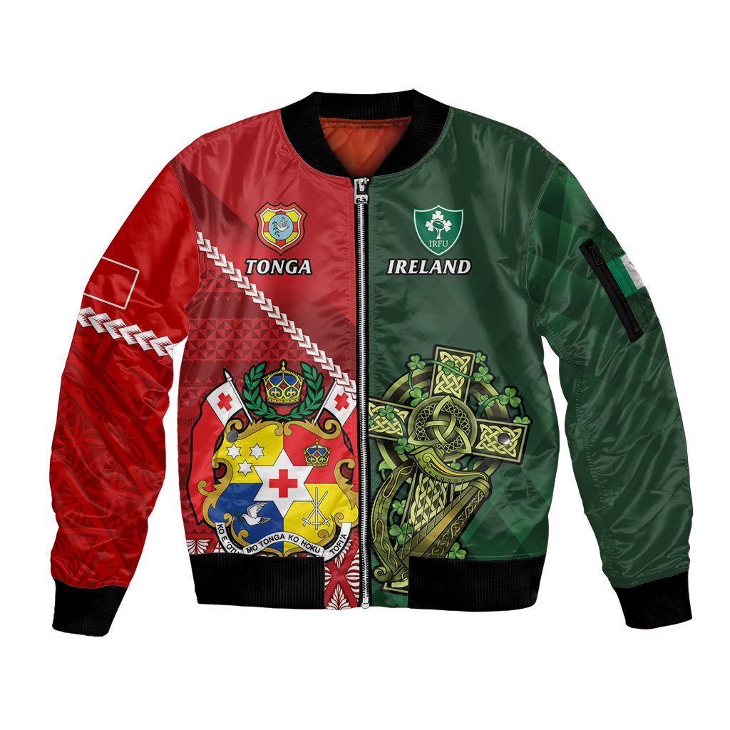 Custom Tonga And Ireland Rugby Sleeve Zip Bomber Jacket Ikale Tahi With Shamrocks LT14 Unisex Red - Polynesian Pride