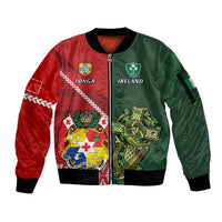 Custom Tonga And Ireland Rugby Sleeve Zip Bomber Jacket Ikale Tahi With Shamrocks LT14 Unisex Red - Polynesian Pride