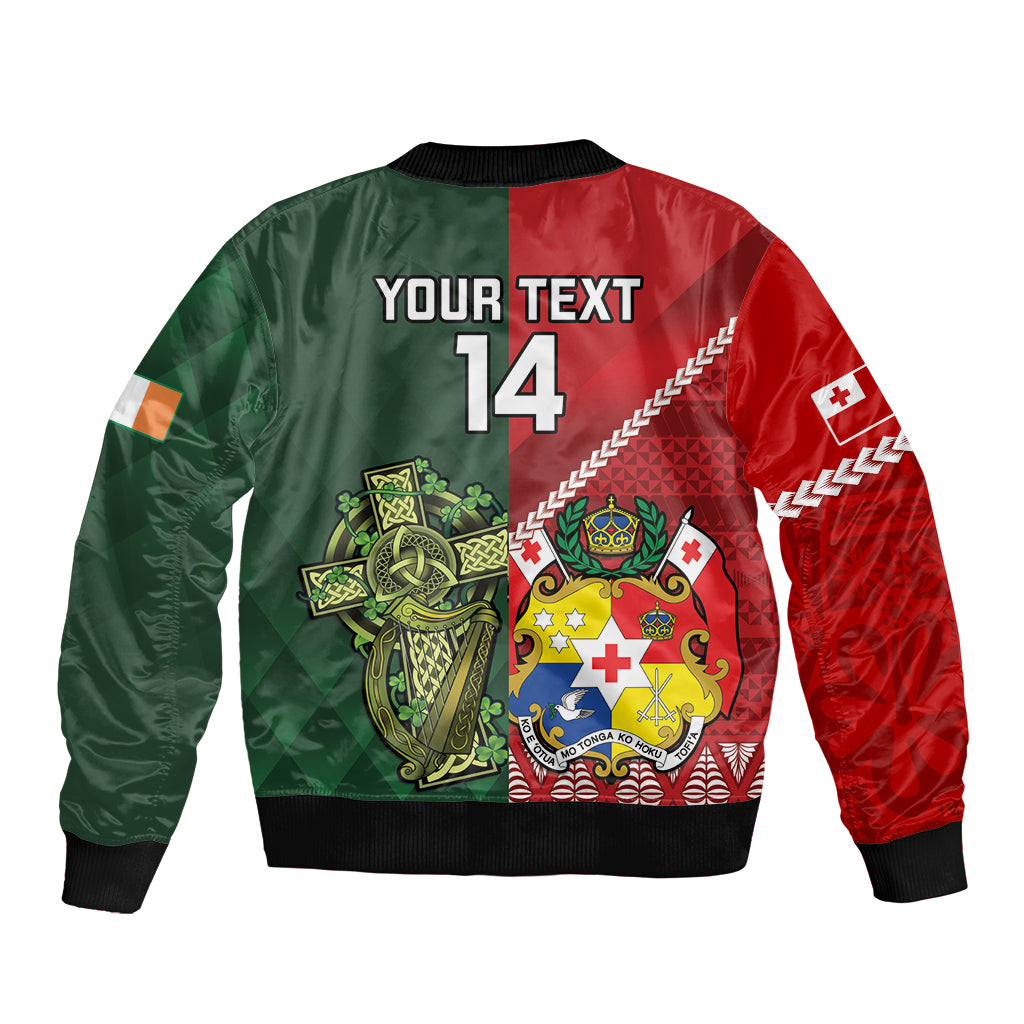 Custom Tonga And Ireland Rugby Sleeve Zip Bomber Jacket Ikale Tahi With Shamrocks LT14 - Polynesian Pride