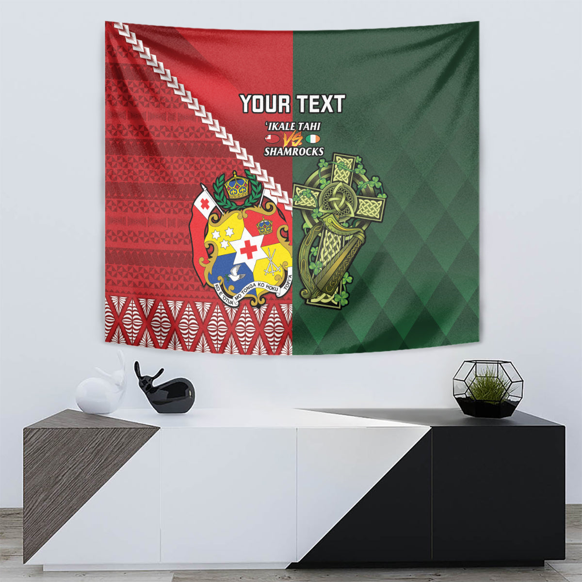 Custom Tonga And Ireland Rugby Tapestry Ikale Tahi With Shamrocks LT14 - Polynesian Pride