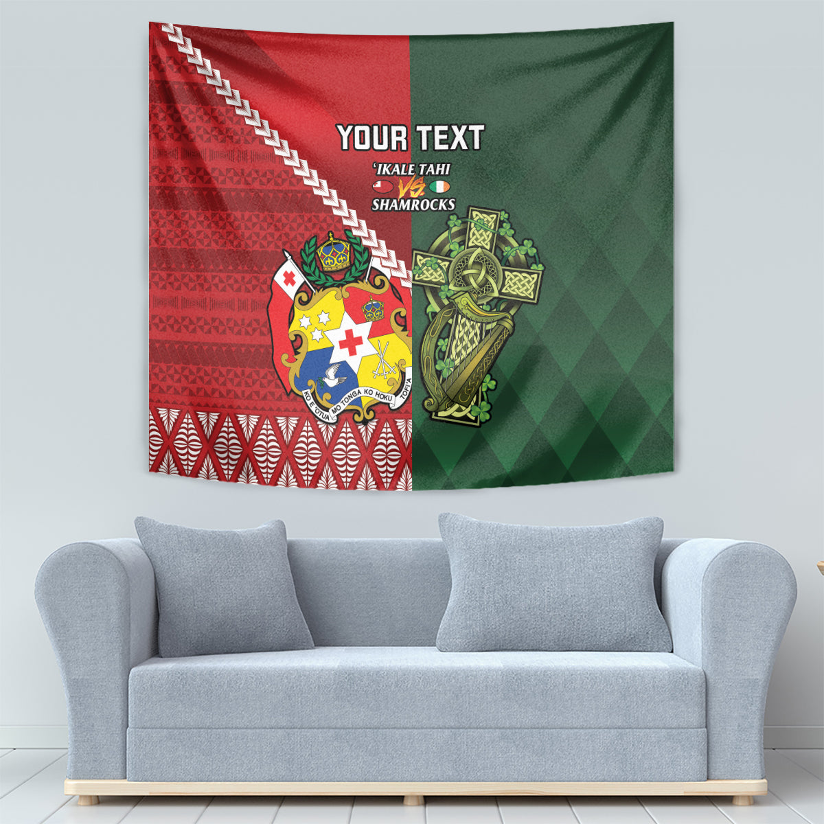 Custom Tonga And Ireland Rugby Tapestry Ikale Tahi With Shamrocks LT14 - Polynesian Pride
