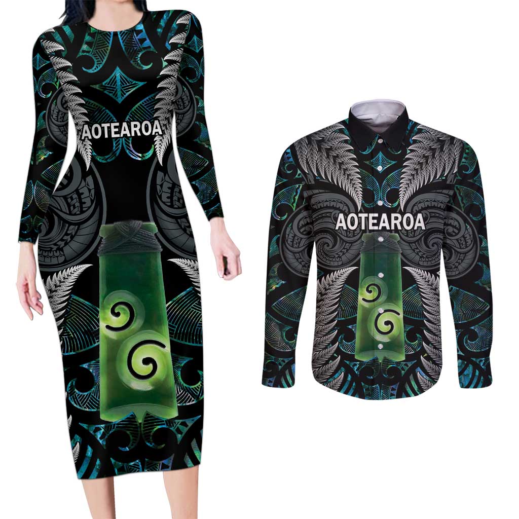 Personalised New Zealand Toki Couples Matching Long Sleeve Bodycon Dress and Long Sleeve Button Shirt Silver Fern Mix Aotearoa Maori Pattern