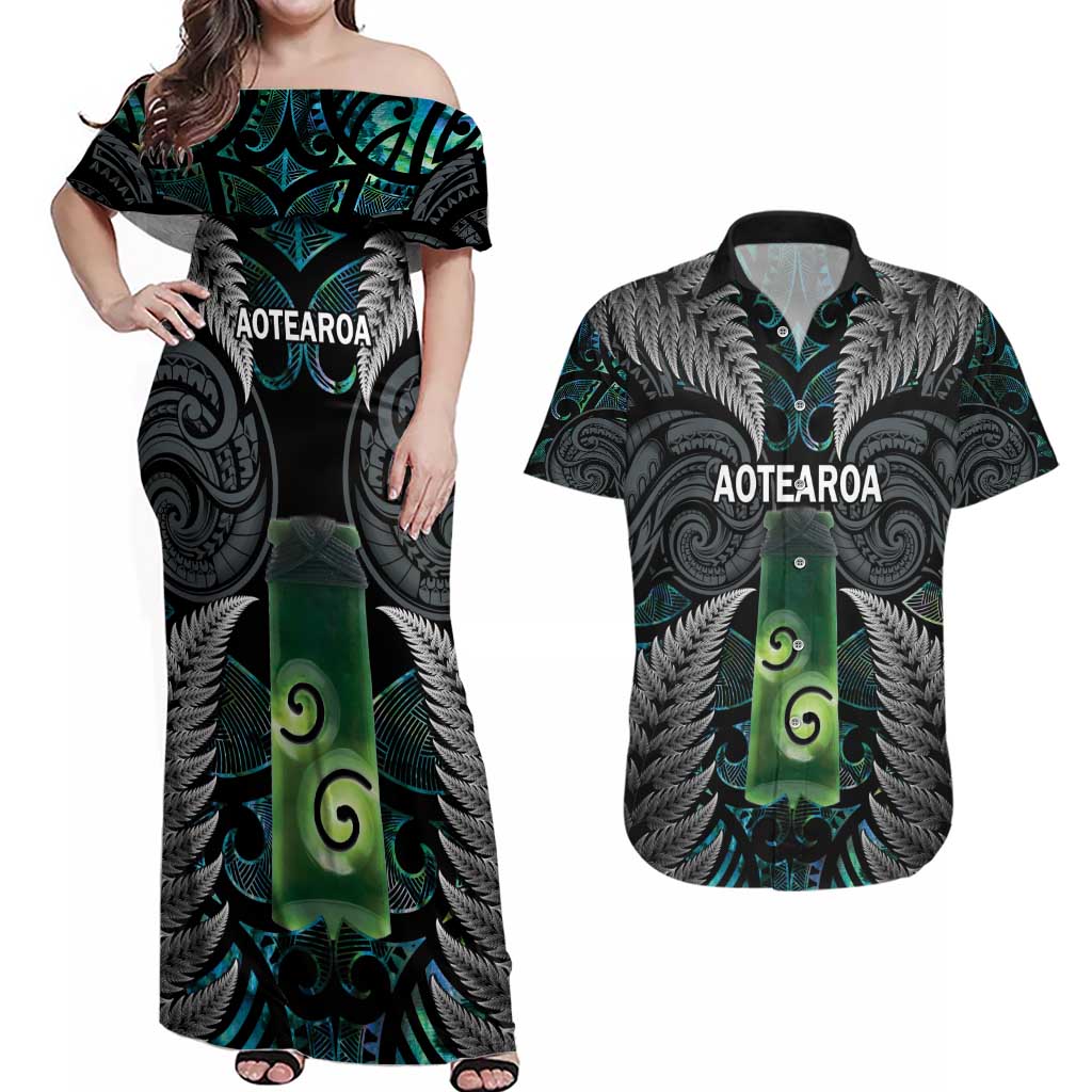 Personalised New Zealand Toki Couples Matching Off Shoulder Maxi Dress and Hawaiian Shirt Silver Fern Mix Aotearoa Maori Pattern