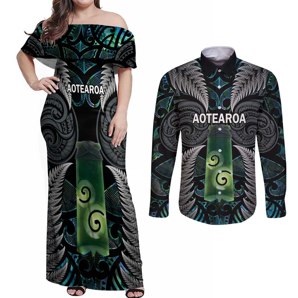 Personalised New Zealand Toki Couples Matching Off Shoulder Maxi Dress and Long Sleeve Button Shirt Silver Fern Mix Aotearoa Maori Pattern