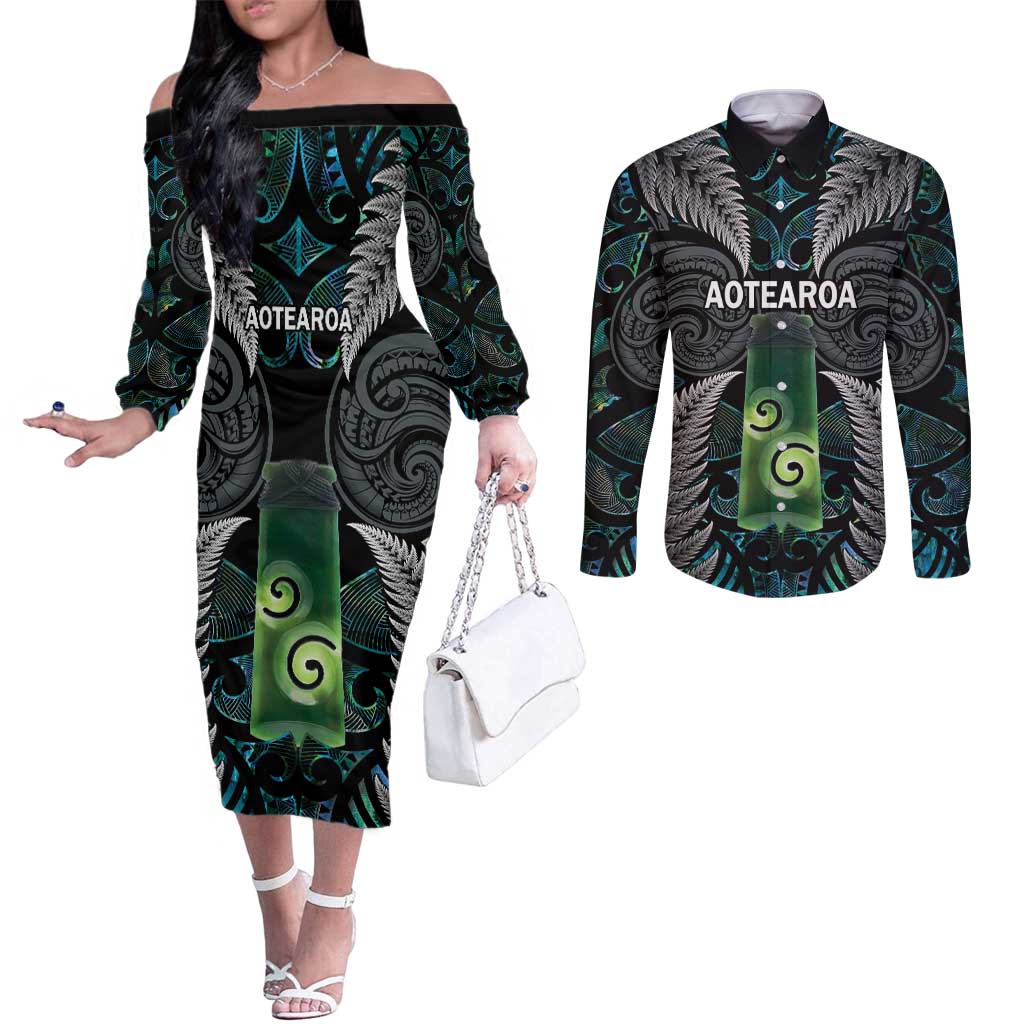 Personalised New Zealand Toki Couples Matching Off The Shoulder Long Sleeve Dress and Long Sleeve Button Shirt Silver Fern Mix Aotearoa Maori Pattern