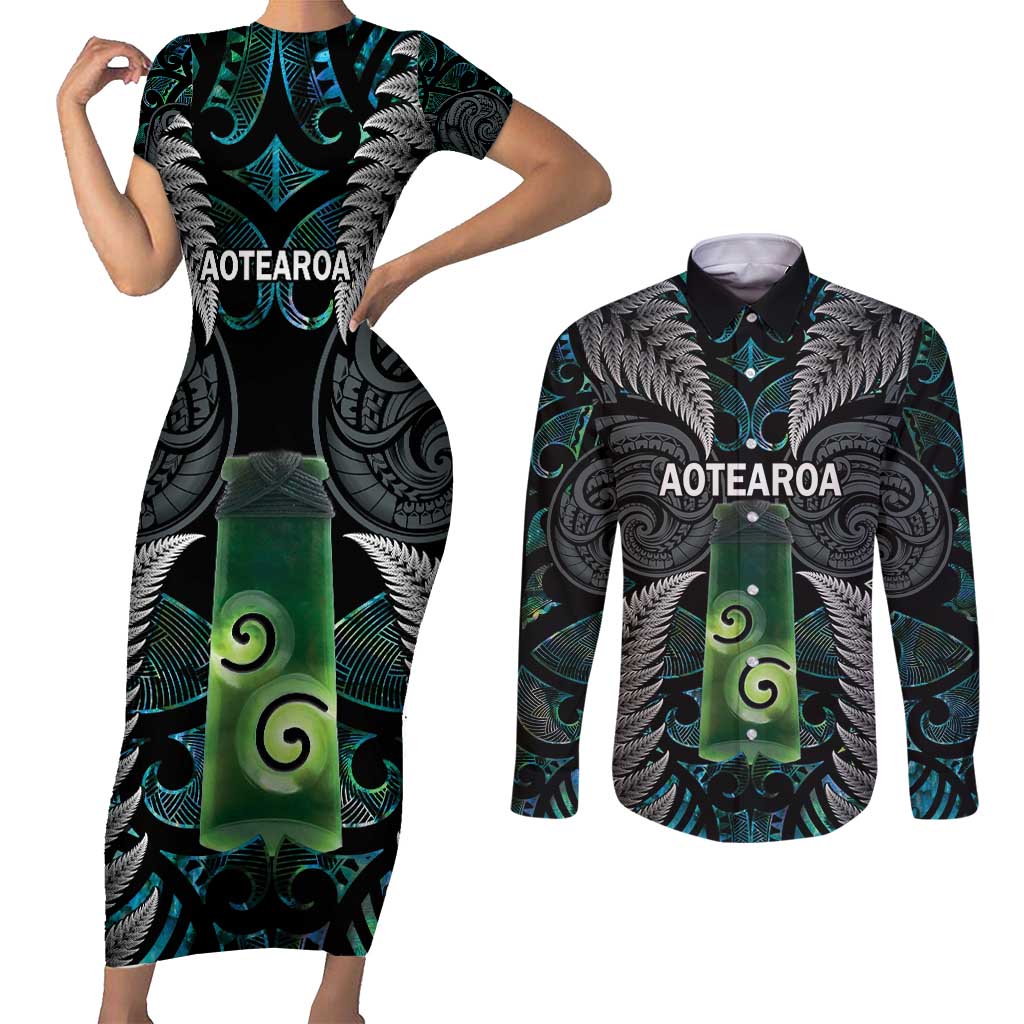 Personalised New Zealand Toki Couples Matching Short Sleeve Bodycon Dress and Long Sleeve Button Shirt Silver Fern Mix Aotearoa Maori Pattern