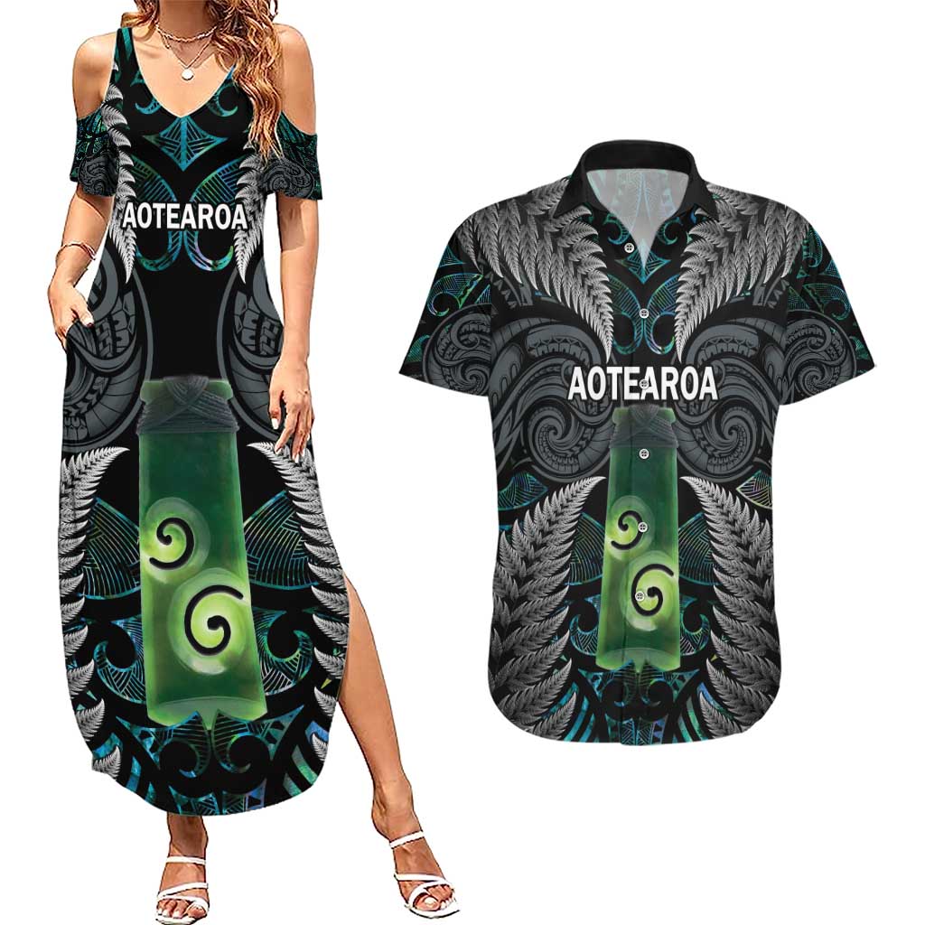 Personalised New Zealand Toki Couples Matching Summer Maxi Dress and Hawaiian Shirt Silver Fern Mix Aotearoa Maori Pattern