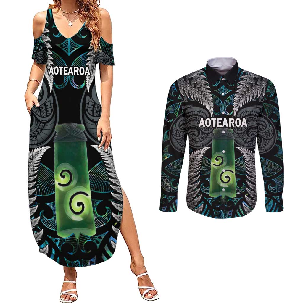 Personalised New Zealand Toki Couples Matching Summer Maxi Dress and Long Sleeve Button Shirt Silver Fern Mix Aotearoa Maori Pattern