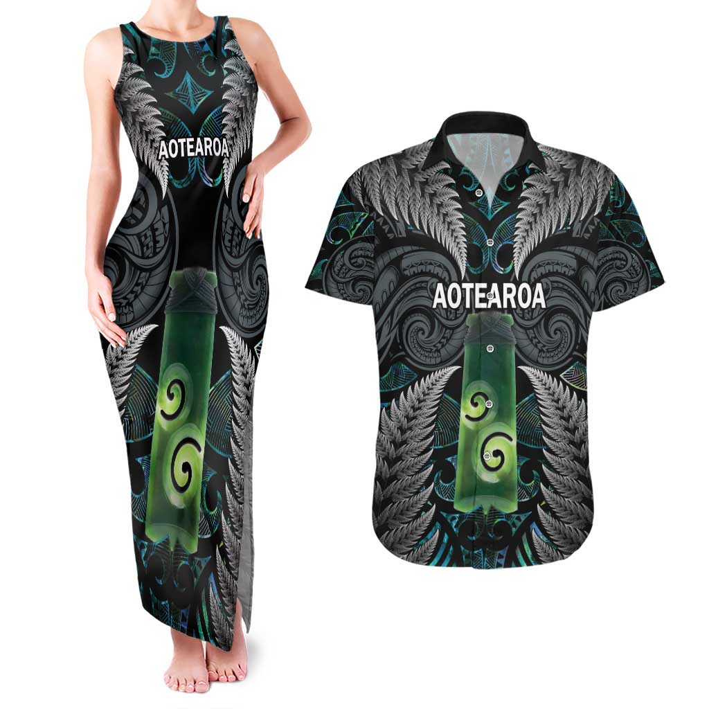 Personalised New Zealand Toki Couples Matching Tank Maxi Dress and Hawaiian Shirt Silver Fern Mix Aotearoa Maori Pattern