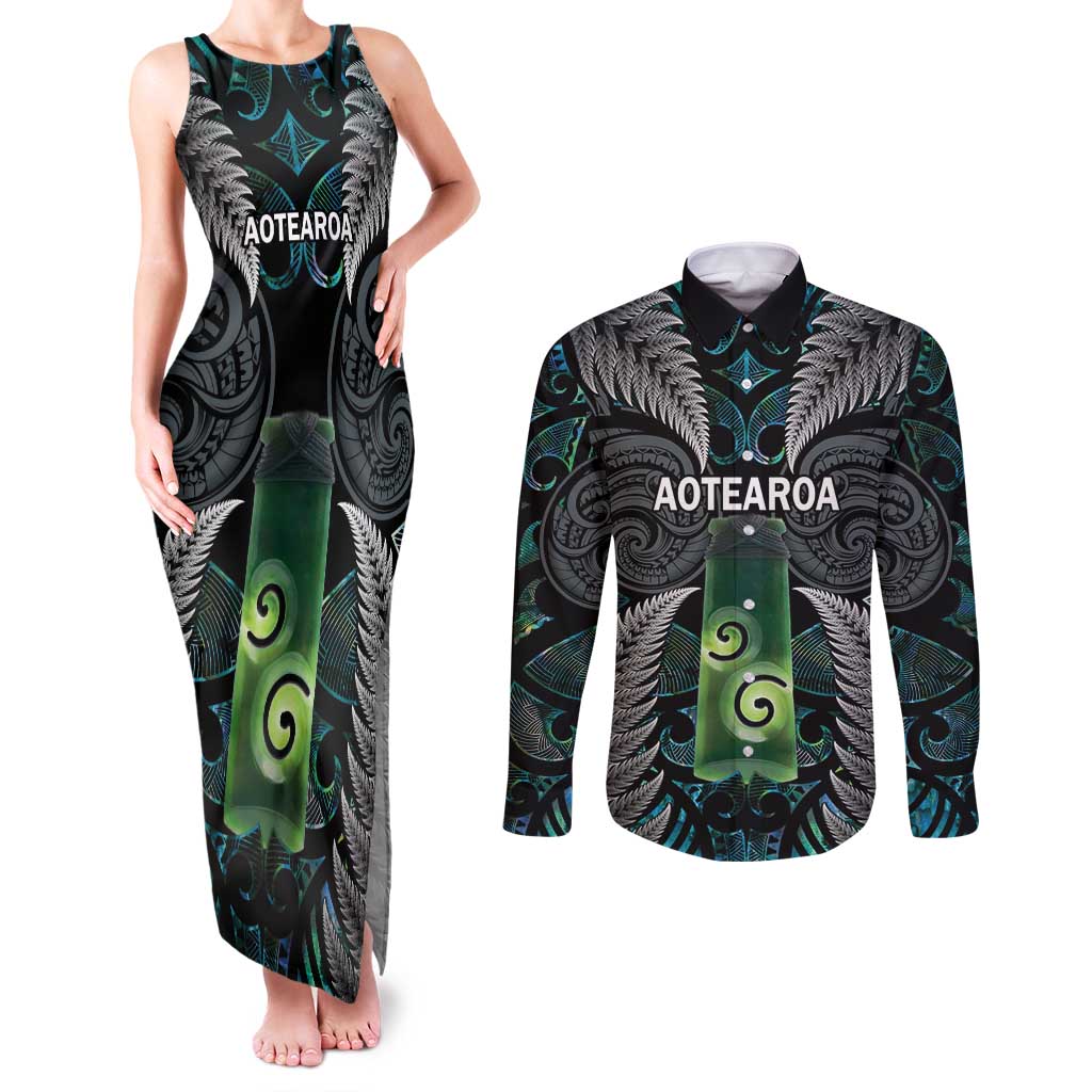 Personalised New Zealand Toki Couples Matching Tank Maxi Dress and Long Sleeve Button Shirt Silver Fern Mix Aotearoa Maori Pattern